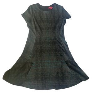 Betsy Johnson Plaid Fit & Flare Dress 14 Black  Grey Teal Party Career Holiday
